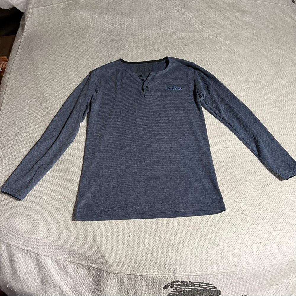 Hey Dude Navy Blue Long Sleeve Henley Striped Tee T-Shirt Size XLarge EUC